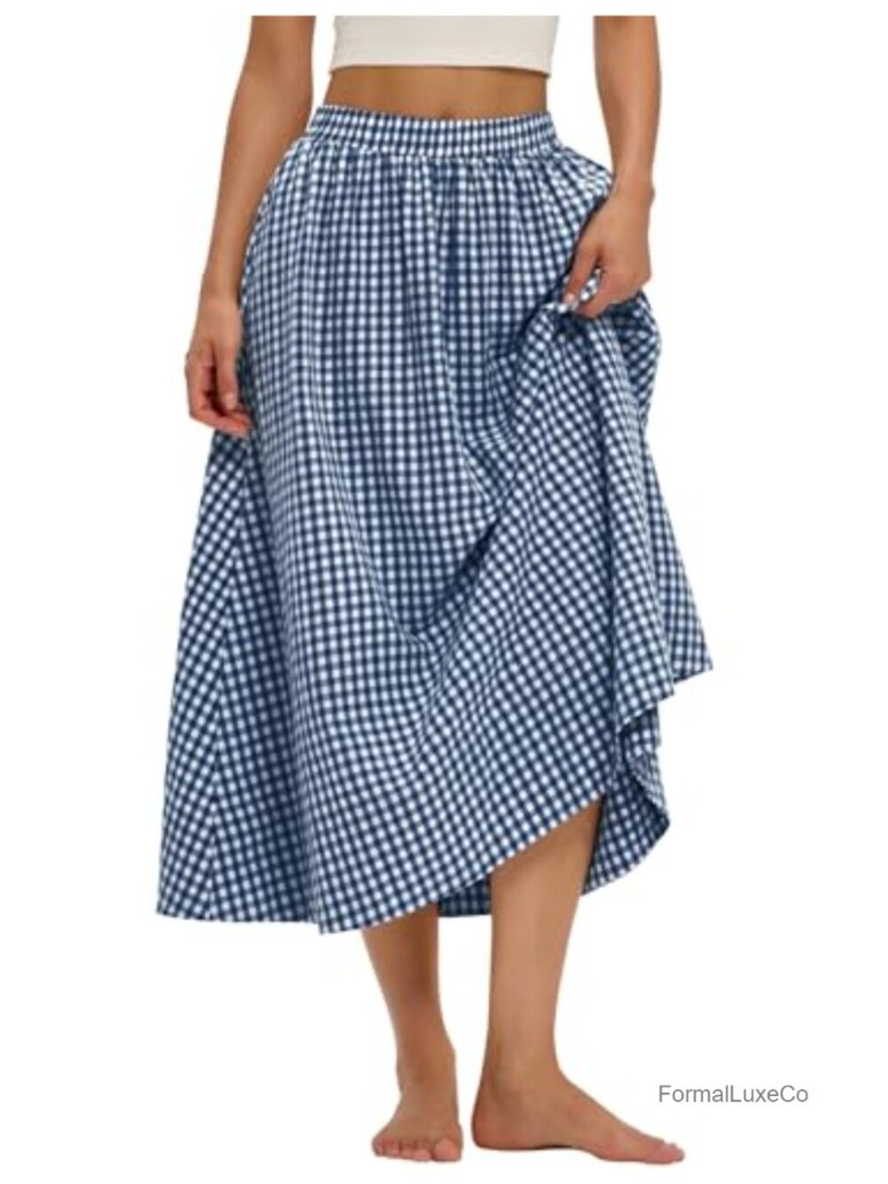 LOMON Cotton Midi A-Line Skirt with Pockets Elastic Waist Flowy